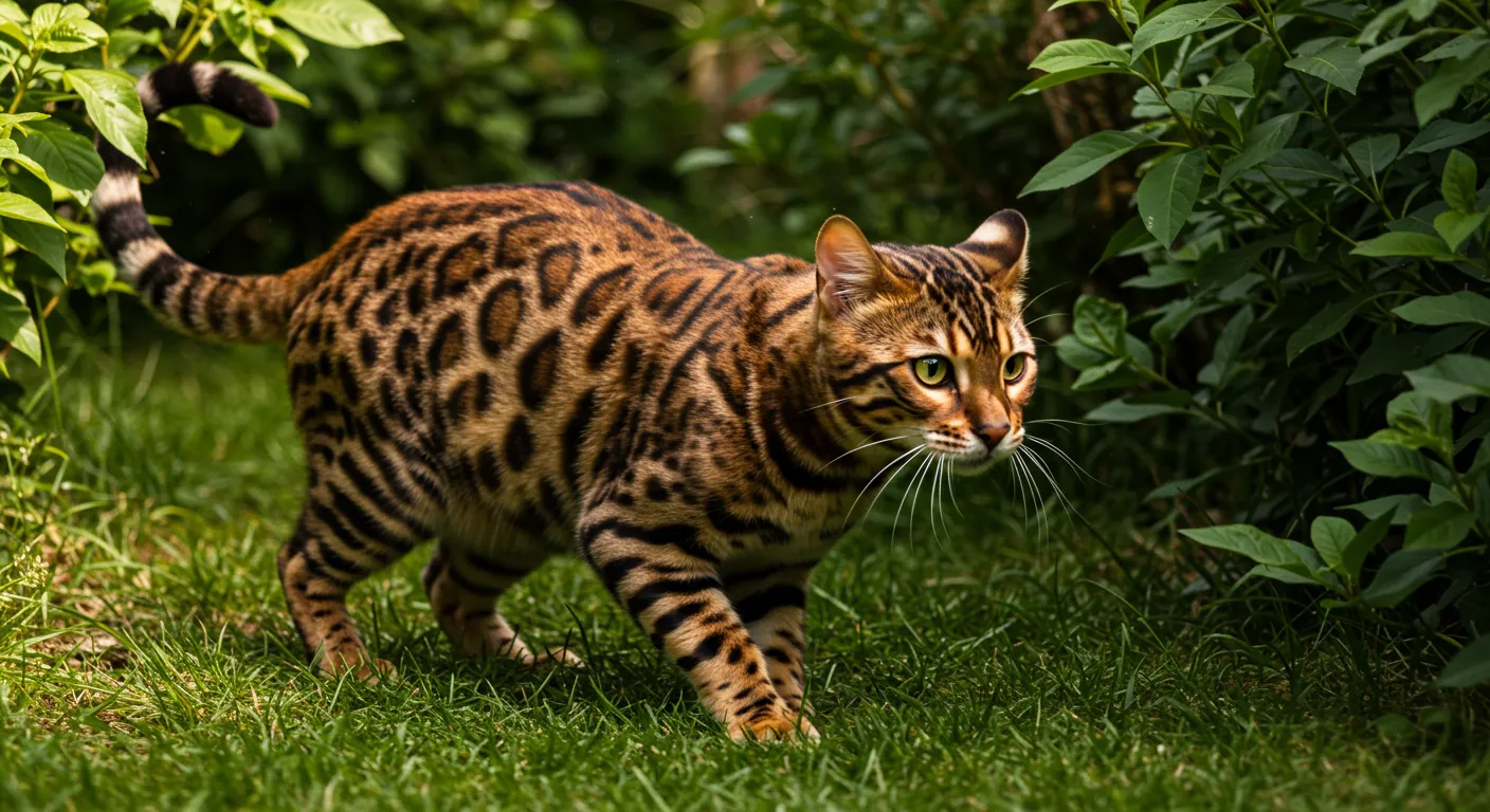 Gato Bengal con pelaje moteado y aspecto de leopardo